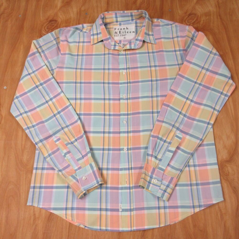 FRANK‎ & EILEEN Luke Button-Up Shirt Mens S Pastel Golf Plaid Cotton Long Sleeve